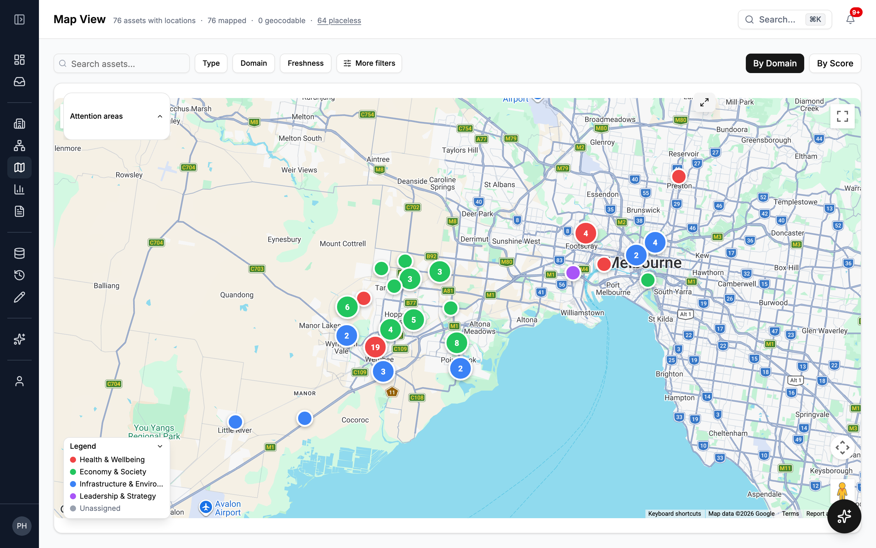 The live pilot’s map showing community assets around Wyndham and Melbourne, with colour-coded clusters, a domain legend and map filters.